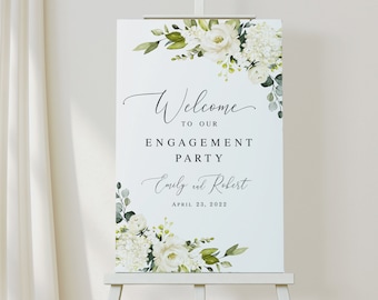 Welcome engagement party sign template White roses Editable welcome poster printable Customizable sign Digital DIY Download AWHR-1