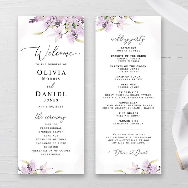 Lavender wedding program Editable template Wedding ceremony Wedding party Floral wedding Printable Digital Download Templett LaWed-A