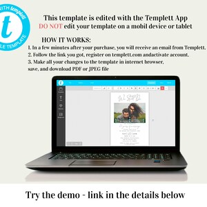 Pu&ograve; includere: Uno schermo di computer portatile che mostra un modello di invito di nozze con una foto di una coppia. Il modello &egrave; modificabile tramite l'app Templett. Il testo sullo schermo recita "We Still Do" e "Dancing & Merriment".