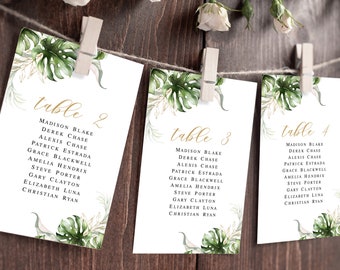 Greenery seating cards printable Hanging seating cards template Editable seating cards Tropical seating cards Templett Download SWC-TR