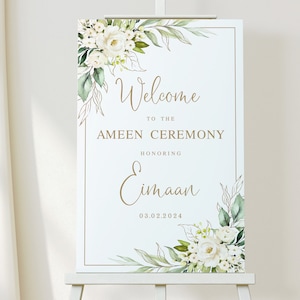 Plantilla de cartel de bienvenida de Ameen Mubarak Follaje dorado Cartel de bienvenida a la ceremonia de Ameen Cartel de bienvenida floral Decoración de Ameen DIY Descargar Templett