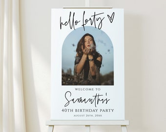 Plantilla moderna de cartel de bienvenida para fiesta de cumpleaños con foto. Para cualquier edad. Descarga editable. Templett FThf-L7.