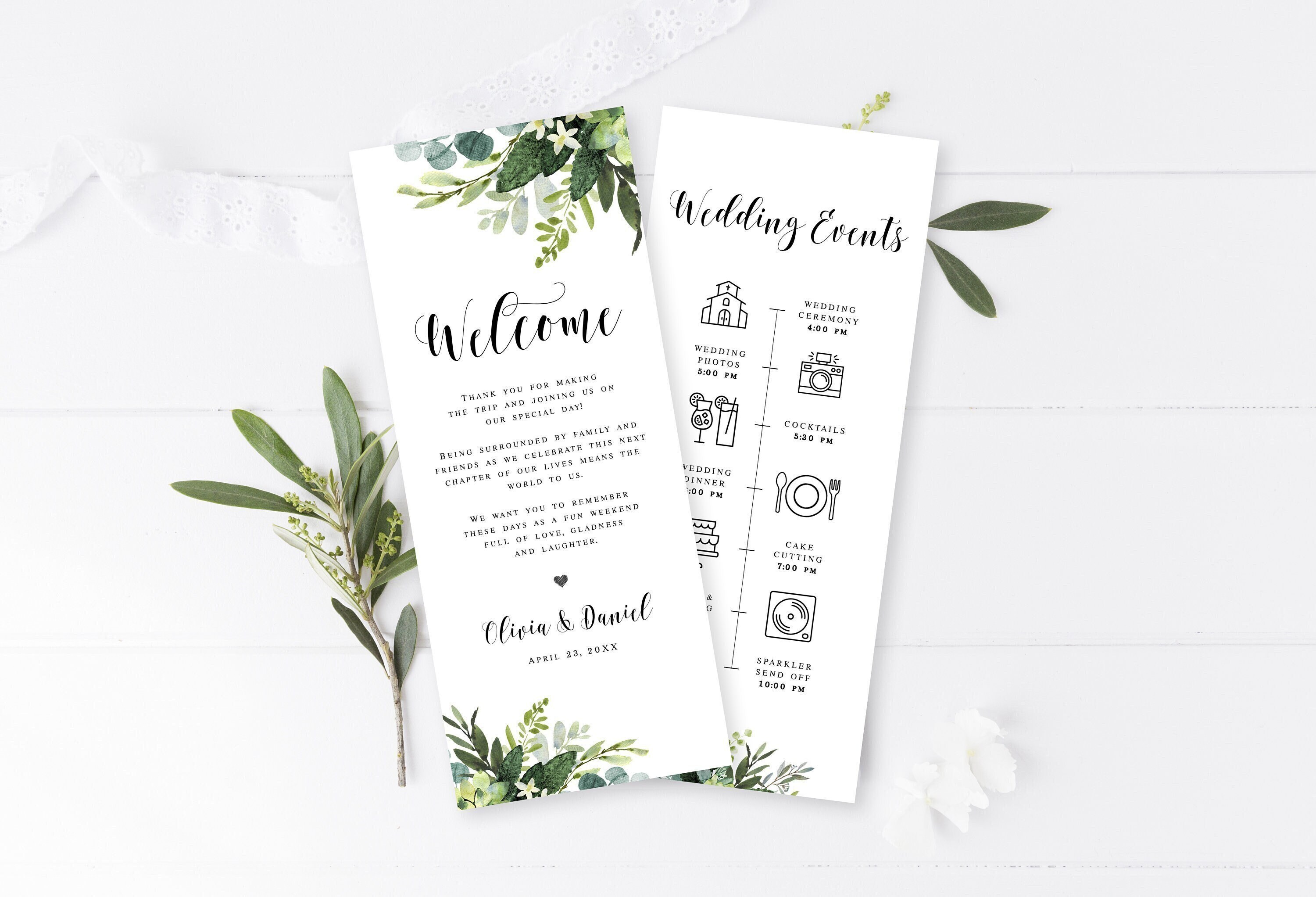 Eucalyptus wedding timeline template Editable wedding itinerary Wedding agenda Order of events Welcome letter Download Templett SGWEUF2