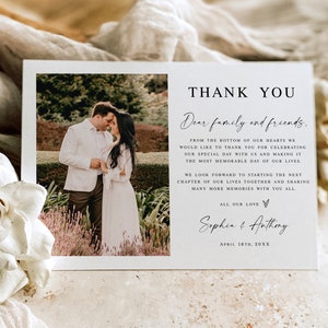 Plantilla de tarjeta de agradecimiento de boda Carta de agradecimiento de boda Tarjeta de agradecimiento con imagen Tarjeta de agradecimiento editable Descargar Templett SWC-M10