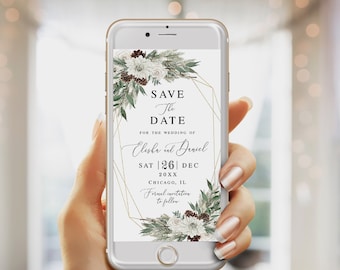 Winter Save the Date Vorlage Elektronische Boho Hochzeitsankündigung Verlobung Bearbeitbare Textnachricht Digitaler Download Templett SWC-BW11