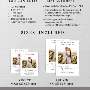May include: Printable wedding welcome sign template with a couple in a field. The sign says "We're so glad you're here" and "Welcome to the wedding of Emily and Daniel". The sign is available in two sizes: 18 x 24 inches (A2) and 24 x 36 inches (A1).