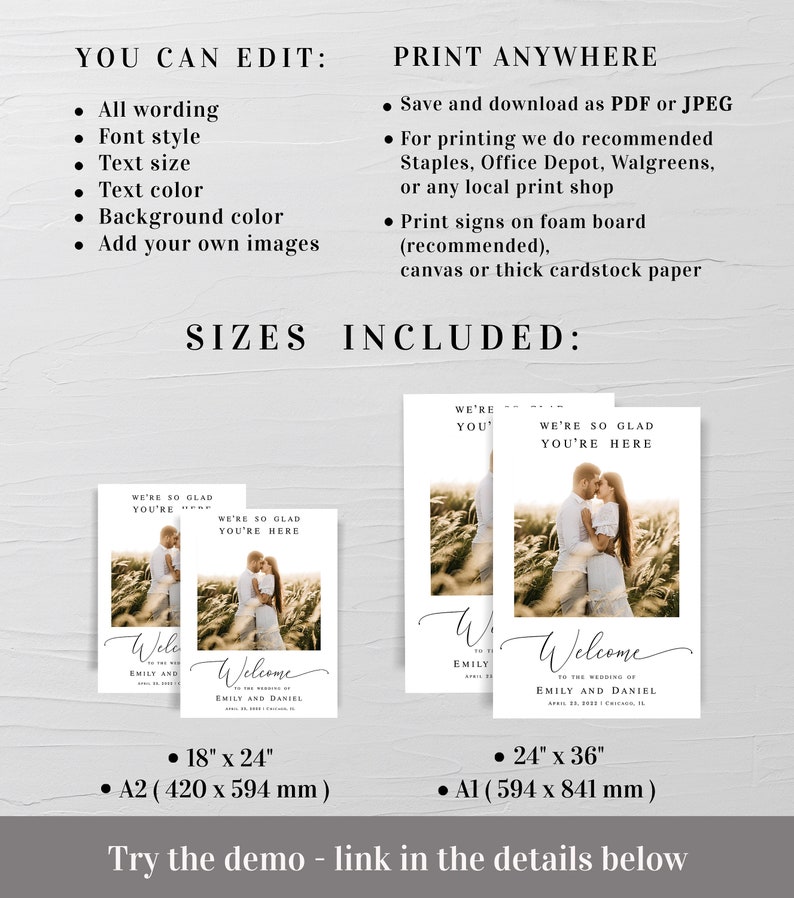 May include: Printable wedding welcome sign template with a couple in a field. The sign says "We're so glad you're here" and "Welcome to the wedding of Emily and Daniel". The sign is available in two sizes: 18 x 24 inches (A2) and 24 x 36 inches (A1).