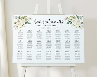 Floral seating chart template Editable Guest list Wedding seating poster printable White roses seating chart Download Templett AWHR-1
