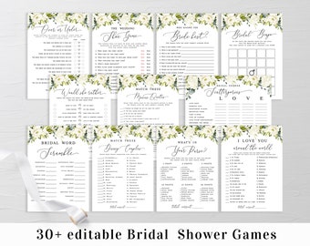 Bridal shower games bundle Editable 30 Games Advice for couple White roses Wedding activities package Tea party Download Templett AWHR-1