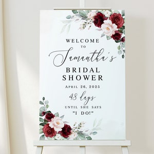 Burgundy welcome sign Bridal shower welcome sign Printable welcome sign template Floral hens party poster Edit with Templett Download BSA-35