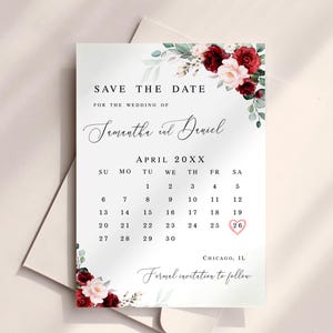 Modelo de calendário para salvar a data Calendário de casamento floral para impressão Anúncio de casamento Borgonha para salvar a data Baixar Templett BSA-35