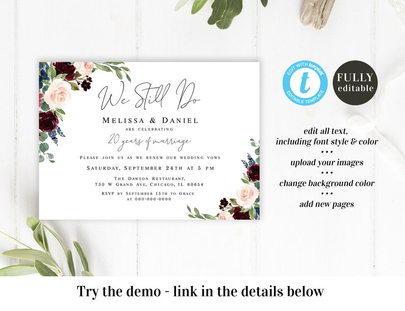 Floral Vow Renewal Invitation Printable Editable Template | Etsy