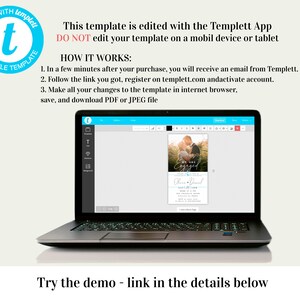 May include: A laptop computer screen displaying a wedding announcement template in the Templett App. The template features a photo of a couple and the text "We are Engaged". The text "How it Works" is displayed below the image, along with instructions on how to edit the template.