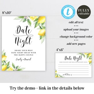Date night ideas sign and cards Editable template Wedding lemon sign Bridal shower game Couples night ideasl Download Templett BrLem-cf5 image 2