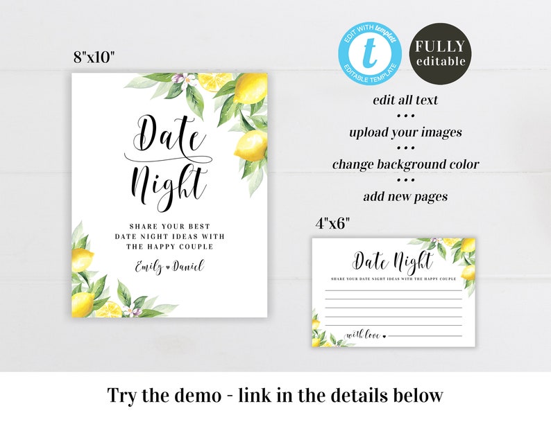Date night ideas sign and cards Editable template Wedding lemon sign Bridal shower game Couples night ideasl Download Templett BrLem-cf5 image 2