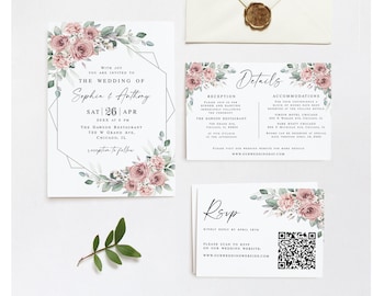Customizable dusty roses wedding invitation template Floral wedding set Geometric design Download Templett SDURS-10f