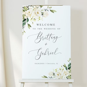 Plantilla de letrero de bienvenida para boda con rosas blancas Letrero de bienvenida floral imprimible Póster de recepción Decoración para boda Moderno Descargar Templett AWHR-1