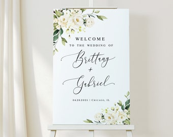 Plantilla de cartel de bienvenida para boda con rosas blancas. Cartel floral para recepción. Descarga editable. Templett AWHR-1