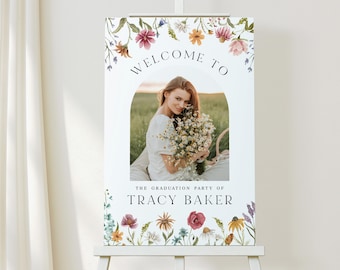Wildflower graduation party welcome sign Editable template with photo Modern grad poster Download BIFILDSWC
