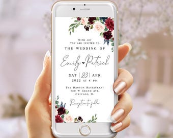 elektronische Hochzeitseinladung Vorlage bearbeitbar Burgund Hochzeit e-invite Evite Hochzeit Floral einladen Textnachricht Download Templett BFAC9