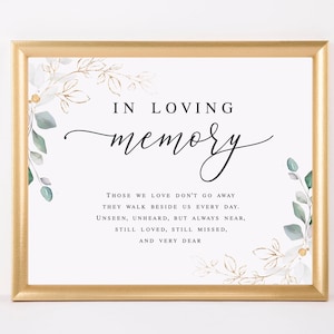 In loving memory sign template Greenery memory sign printable Memorial table sign Gold foliage remembrance sign Download Templett agflf10