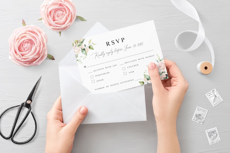 Wedding RSVP card Fully editable template Rehearsal dinner invitation insert card Kindly reply Pink roses Printable Download #swc11