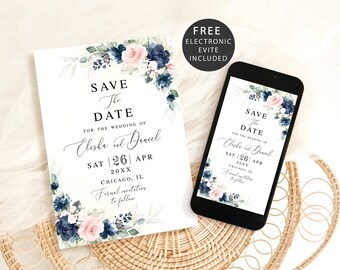 Floral Save the date template printable Editable electronic save the date Blue blush save the date Wedding announcement Templett Webl-40