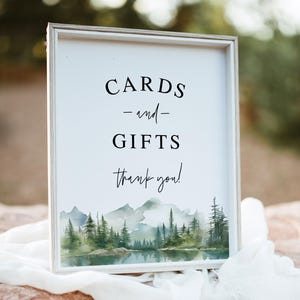 Tarjetas de montaña y letreros de regalo para imprimir Letreros de boda en el bosque del lago Letrero de regalo para baby shower de montaña Editable DIY Descargar Templett agflf10