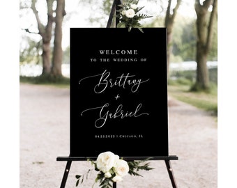 Minimalist wedding welcome sign template Black design Modern reception poster Editable download Templett Blwht-30