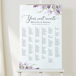 Lavender seating chart template Alphabetical seating chart printable Wedding guest list Floral seating poster Download Templett LaWed-A