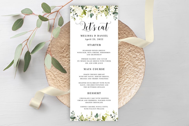 Wedding menu template printable Editable menu cards Let's eat Rehearsal dinner White roses Customizable menu Download Templett AWHR-1 image 1