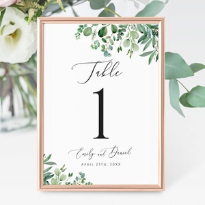 Plantilla de tarjeta de número de mesa de eucalipto Tarjeta de número de mesa con vegetación imprimible Tarjeta de número de mesa de boda editable DIY Descargar Templett WEUF-3
