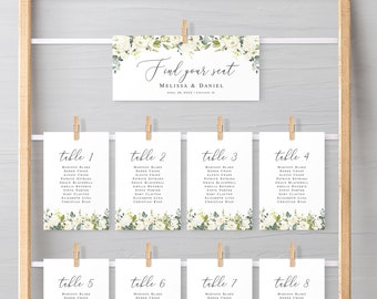 White roses seating chart cards template Editable Wedding table plan printable Floral seating cards Hanging Download Templett AWHR-1