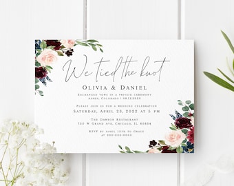 Burgundy blush reception party invitation template We tied the knot Editable invite printable Floral invite Download Templett BFAC9