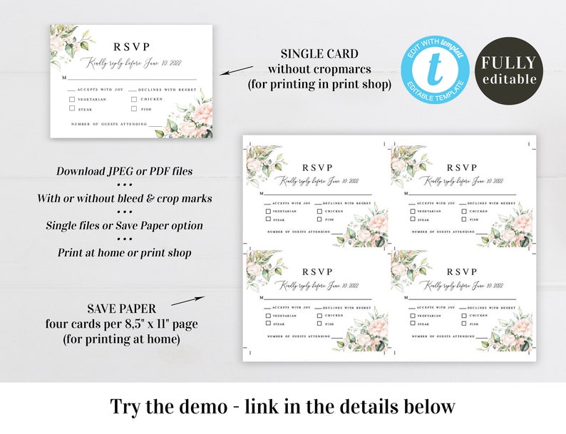 Wedding RSVP card Fully editable template Rehearsal dinner invitation insert card Kindly reply Pink roses Printable Download #swc11
