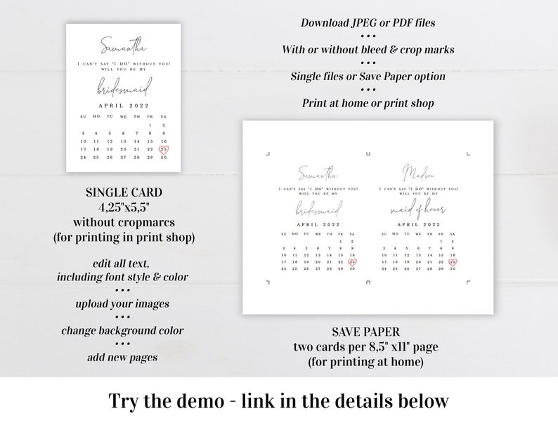 Calendar Bridesmaid Proposal Card Fully Editable Template Will - Etsy