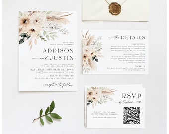 Puede incluir: Conjunto de invitaciones de boda con un diseño floral con flores blancas y beige, vegetación y hierba de la pampa. La invitación incluye los nombres Addison y Justin, la fecha sábado 26 de octubre de 20XX y la hora 4 PM. La invitación también incluye la ubicación The Metropolitan, 200 S Wacker Dr, Chicago, IL. La recepción que sigue también se menciona. La tarjeta de detalles incluye información sobre la recepción, el alojamiento y el sitio web. La tarjeta RSVP incluye un código QR y el texto RSVP antes del 25 de septiembre.