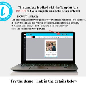 May include: A laptop computer screen displaying a wedding invitation template being edited in the Templett App. The template features a photo of a couple, the text "Welcome" and the words "Birthday Dinner" and "Date & Time". The screen also shows the Templett App toolbar with options for editing, saving, and downloading the template.