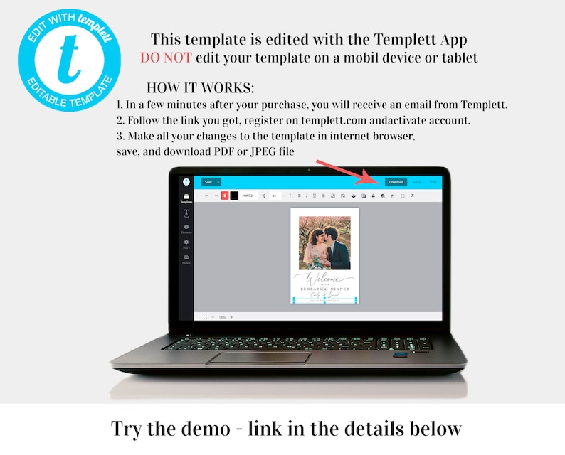 May include: A laptop computer screen displaying a wedding invitation template being edited in the Templett App. The template features a photo of a couple, the text "Welcome" and the words "Birthday Dinner" and "Date & Time". The screen also shows the Templett App toolbar with options for editing, saving, and downloading the template.
