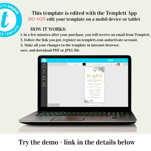 May include: A laptop computer displaying a digital template for a wedding anniversary invitation. The template features a green and gold design with the text "We Still Do" and a date. The text "This template is edited with the Templett App. DO NOT edit your template on a mobile device or tablet." is displayed above the laptop.