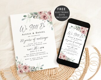 Plantilla de invitación para renovación de votos matrimoniales con rosas empolvadas. Invitación floral personalizable. Descarga digital Templett SDURS-10f