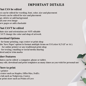 May include: A white background with black text outlining the details of what can and cannot be edited in a printable template. The text includes information about download options, other features, and where to print the template.