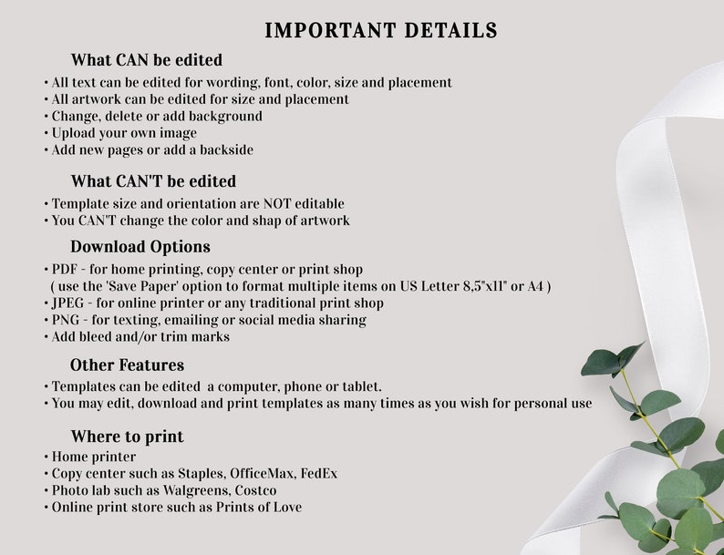 May include: A white background with black text outlining the details of what can and cannot be edited in a printable template. The text includes information about download options, other features, and where to print the template.
