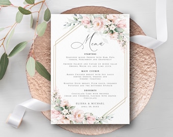 Modèle de menu fleurs roses imprimable Menu floral modifiable imprimable Décoration de table de mariage Dîner de mariage Téléchargement numérique Templett PIRGFG18