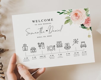 Blush wedding timeline template Editable timeline Schedule of events Wedding party timeline Floral itinerary Download Templett BLWED-6A