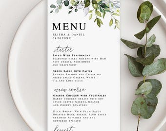 Plantilla de menú de boda con eucalipto (imprimible, descargable y editable en Templett GRWE-E)