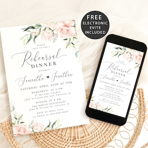 Pink roses rehearsal dinner invitation template printable Self-editable electronic wedding rehearsal invite Digital Download WSPR-A