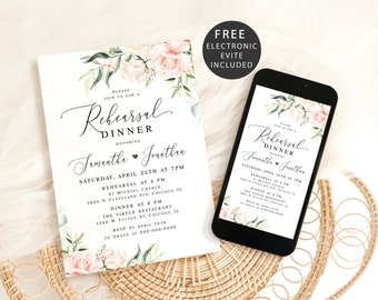 Pink roses rehearsal dinner invitation template printable Self-editable electronic wedding rehearsal invite Digital Download WSPR-A