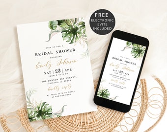 Greenery bridal shower invitation template Self-editing invite printable Tropical electronic invite Digital Download Templett SWC-TR