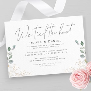 Reception party invitation template Greenery wedding invite We tied the knot Gold foliage elopement invite Editable Download Templett AGFW-1